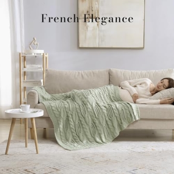 Amélie Home Sage Green Spring Throw Blanket Decorative Hollow Cable Knit Throw Blanket Soft Cozy Lightweight Farmhouse Throw Blankets for Couch Sofa Bedroom 50 x 60