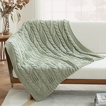Amélie Home Sage Green Spring Throw Blanket Decorative Hollow Cable Knit Throw Blanket Soft Cozy Lightweight Farmhouse Throw Blankets for Couch Sofa Bedroom 50 x 60