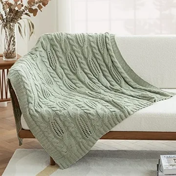 Amélie Home Sage Green Spring Throw Blanket Decorative Hollow Cable Knit Throw Blanket Soft Cozy Lightweight Farmhouse Throw Blankets for Couch Sofa Bedroom 50 x 60