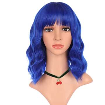 eNilecor Dark Blue Wig Short Colored Curly Wavy Synthetic Bob Wigs with Air Bangs 14" Natural Wigs f...