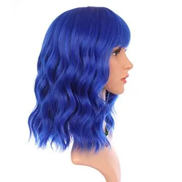 eNilecor Dark Blue Wig Short Colored Curly Wavy Synthetic Bob Wigs with Air Bangs 14" Natural Wigs for Party Cosplay Fun Colorful Wigs for Women