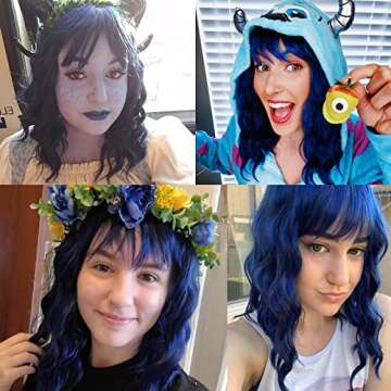 eNilecor Dark Blue Wig Short Colored Curly Wavy Synthetic Bob Wigs with Air Bangs 14" Natural Wigs for Party Cosplay Fun Colorful Wigs for Women