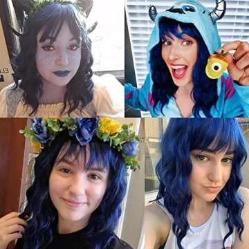eNilecor Dark Blue Wig Short Colored Curly Wavy Synthetic Bob Wigs with Air Bangs 14" Natural Wigs for Party Cosplay Fun Colorful Wigs for Women
