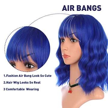 eNilecor Dark Blue Wig Short Colored Curly Wavy Synthetic Bob Wigs with Air Bangs 14" Natural Wigs for Party Cosplay Fun Colorful Wigs for Women