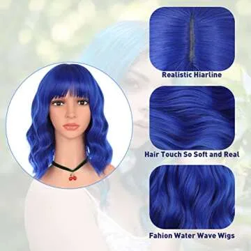 eNilecor Dark Blue Wig Short Colored Curly Wavy Synthetic Bob Wigs with Air Bangs 14" Natural Wigs for Party Cosplay Fun Colorful Wigs for Women