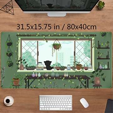 Cute Kawaii Green Plant Desk Mat Anime Aesthetic Mousepad Pixel Art XXL Large Gaming Mouse Pad Lapto...