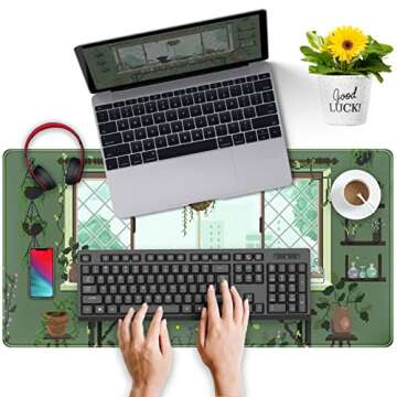 Cute Kawaii Green Plant Desk Mat Anime Aesthetic Mousepad Pixel Art XXL Large Gaming Mouse Pad Laptop Keyboard Mat Desk Pad 31.5x15.75 in, Office Home Decor for Women Girl