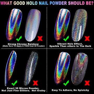 Holographic Nail Powder Fine Rainbow Holo Unicorn Mirror Laser Effect Multi Chrome Manicure Pigment Glitter Dust for Salon Home Nail Art DIY Deco, 0.04oz/1g, Sponge Tool/3pcs