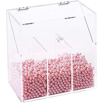 Newslly Clear Acrylic Makeup Organizer with 3 Brush Holder Compartment and Dustproof Lid, Cosmetic Brush Storage Box with White Pearls, for Bathroom Bedroom Vanity Countertop.
