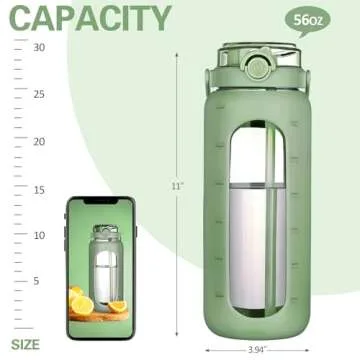 BLUEGO 56oz Motivational Glass Water Bottle with Straw