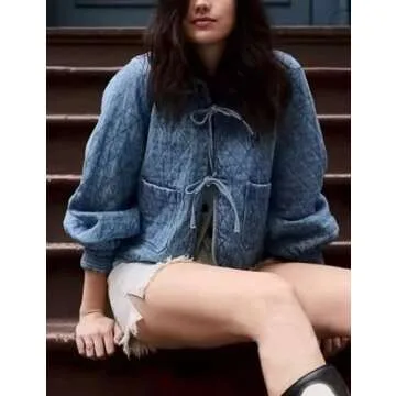 Vimida Women's Quilted Lightweight Jackets Long Sleeve Winter Cropped Cotton Padded Coat Jacket Bow Tie Puffy Outwear(Blue-S)