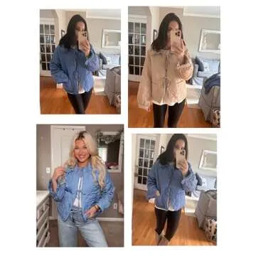 Vimida Women's Quilted Lightweight Jackets Long Sleeve Winter Cropped Cotton Padded Coat Jacket Bow Tie Puffy Outwear(Blue-S)