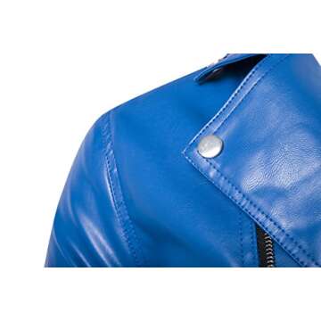 WSLCN Men Chic Moto Jacket Faux Leather Motorcycle Biker Jacket Classic Collar Coat Zip Keep Warm Autumn Winter Blue Size US M (Asian 2XL)