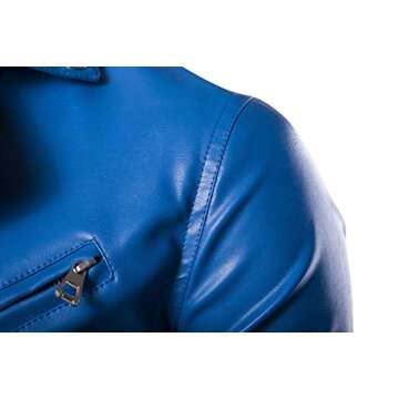 WSLCN Men Chic Moto Jacket Faux Leather Motorcycle Biker Jacket Classic Collar Coat Zip Keep Warm Autumn Winter Blue Size US M (Asian 2XL)