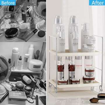 FSyueyun 2-Tier Bathroom Countertop Organizer, Tool-Less Installation Premium Plastics Makeup Shelf Organizer Perfume Skincare for Dresser Vanity Tray Organizers and Storage (Sliver)