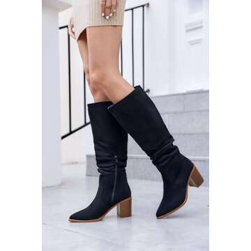 Huiyuzhi Womens Pointed Toe Knee High Boots Mid Chunky Heel Faux Suede Side Zipper Riding Booties