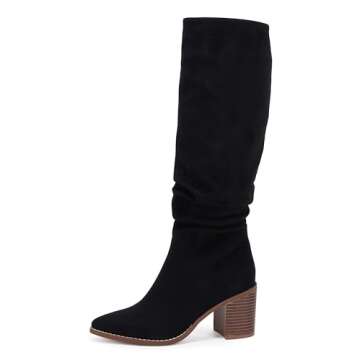 Huiyuzhi Womens Pointed Toe Knee High Boots Mid Chunky Heel Faux Suede Side Zipper Riding Booties