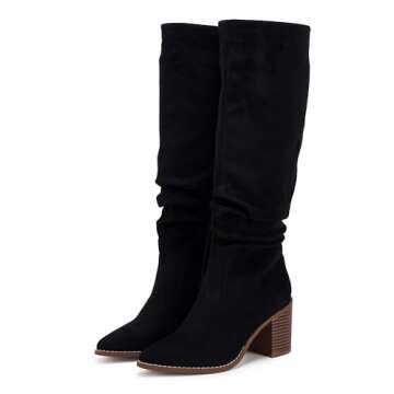 Huiyuzhi Womens Pointed Toe Knee High Boots Mid Chunky Heel Faux Suede Side Zipper Riding Booties