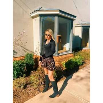 Huiyuzhi Womens Pointed Toe Knee High Boots Mid Chunky Heel Faux Suede Side Zipper Riding Booties