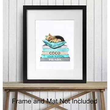 Yorkshire Terrier, Yorkie Glam Decor for Women, Girls Room, Teens Bedroom - High Fashion Design Wall Art - Light Blue Room Decoration - Luxury Designer Wall Decor - Cute Gift for Dog Lovers