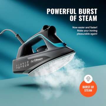 PurSteam SteamBurst+ 1750W Steam Iron, Ceramic Soleplate, Adjustable Steam, Burst of Steam, Self-Clean, Anti-Calc, Anti-Drip, Auto Shut-Off, Powerful & Long-Lasting Steam for All Fabrics