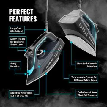 PurSteam SteamBurst+ 1750W Steam Iron, Ceramic Soleplate, Adjustable Steam, Burst of Steam, Self-Clean, Anti-Calc, Anti-Drip, Auto Shut-Off, Powerful & Long-Lasting Steam for All Fabrics