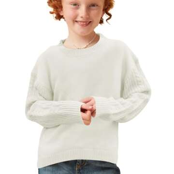 INFULEIMU Girls Sweaters Crewneck Long Sleeve Kids Sweater Fall Winter Chunky Knit Pullover Jumper 5-14 White