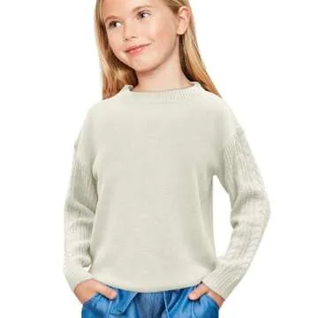 INFULEIMU Girls Sweaters Crewneck Long Sleeve Kids Sweater Fall Winter Chunky Knit Pullover Jumper 5-14 White