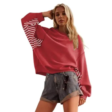 Ythomm Women Oversized Striped Long Sleeve Sweatshirt Scoop Neck Drop Shoulder Patchwork Pullover To...
