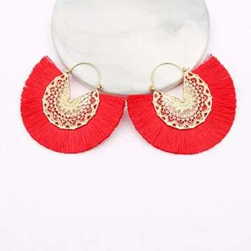 Tassel Hoop Earring Statement Thread Dangle Earrings Stylish Long Fringe Drop Earrings Lightweight Long Swingy French Hook Earrings for Women(Red)