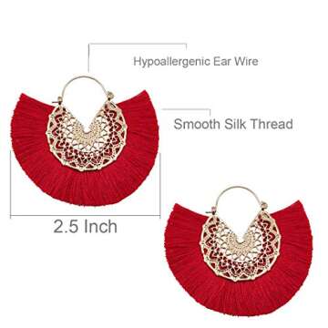 Tassel Hoop Earring Statement Thread Dangle Earrings Stylish Long Fringe Drop Earrings Lightweight Long Swingy French Hook Earrings for Women(Red)
