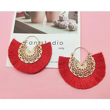 Tassel Hoop Earring Statement Thread Dangle Earrings Stylish Long Fringe Drop Earrings Lightweight Long Swingy French Hook Earrings for Women(Red)