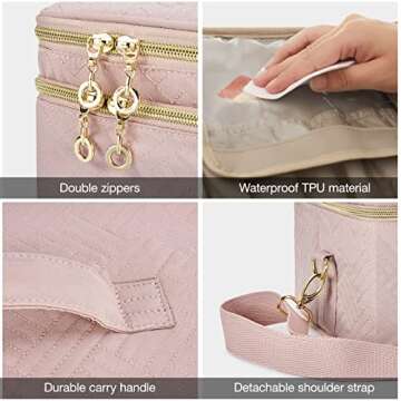 BAGSMART Large Makeup Bag, Cosmetic Cases,Double Layer Makeup Organizer,Protable Travel Makeup Train Case with Shoulder Strap for Cosmetics,Makeup Brushes,Toiletries,Travel Accessories (Medium, Pink)