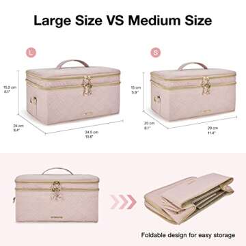 BAGSMART Large Makeup Bag, Cosmetic Cases,Double Layer Makeup Organizer,Protable Travel Makeup Train Case with Shoulder Strap for Cosmetics,Makeup Brushes,Toiletries,Travel Accessories (Medium, Pink)