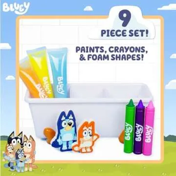 Bluey Bath Creations, 9-Piece Bluey Activity Set, Fun Bluey Bath Toys, Includes Washable Bath Paints, Bath Crayons, Bath Toy Storage, Bath Paint for Toddlers 1-3, Fun Bluey Gifts, Toddler Art Supplies