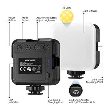 NEEWER LED Video Light,Portable Bi-Color 3200K~5600K Dimming Lights for Cameras, CRI 97+, 8 Scene Modes, 2000mAh Rechargeable Battery for Gaming/YouTube/Vlog/Photography - NL-36AI