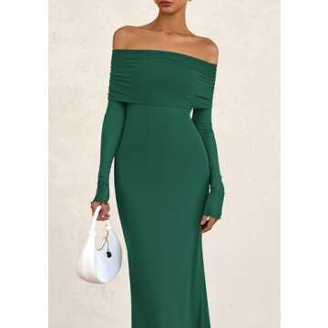 PRETTYGARDEN Women's Off The Shoulder Bodycon Maxi Dress Long Sleeve Mesh Elegant Party Formal Wedding Guest Dresses(Green,Small)