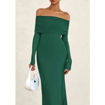 PRETTYGARDEN Women's Off The Shoulder Bodycon Maxi Dress Long Sleeve Mesh Elegant Party Formal Wedding Guest Dresses(Green,Small)
