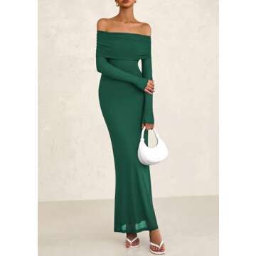 PRETTYGARDEN Women's Off The Shoulder Bodycon Maxi Dress Long Sleeve Mesh Elegant Party Formal Wedding Guest Dresses(Green,Small)