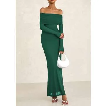 PRETTYGARDEN Women's Off The Shoulder Bodycon Maxi Dress Long Sleeve Mesh Elegant Party Formal Wedding Guest Dresses(Green,Small)