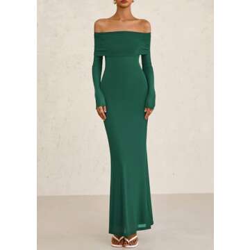 PRETTYGARDEN Women's Off The Shoulder Bodycon Maxi Dress Long Sleeve Mesh Elegant Party Formal Wedding Guest Dresses(Green,Small)