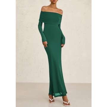 PRETTYGARDEN Women's Off The Shoulder Bodycon Maxi Dress Long Sleeve Mesh Elegant Party Formal Wedding Guest Dresses(Green,Small)