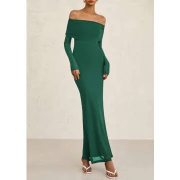 PRETTYGARDEN Women's Off The Shoulder Bodycon Maxi Dress Long Sleeve Mesh Elegant Party Formal Wedding Guest Dresses(Green,Small)