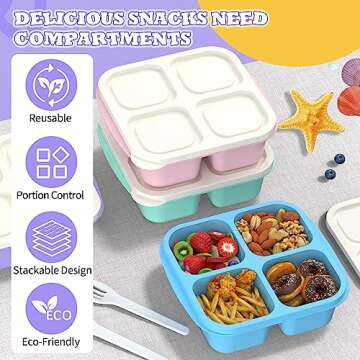 XGXN Meal Prep Containers (4 Pack), 4-Compartments Bento Lunch Box, Reusable BPA Free Food Prep Containers for Kids, Lunchable Kids Snack Container for School, Work, and Travel (G/P/B/P+White Lid)