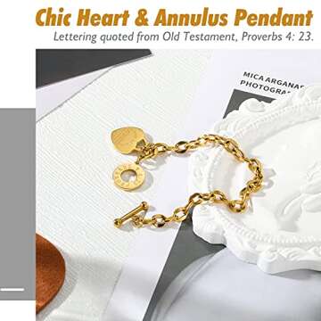 Emibele Heart Charm Bracelet for Women, Bible Verse Bracelets Stainless Steel 18K Gold Plated Bracelet Love Pendant Link Chain OT Clasp, Birthday Christmas Jewelry Gift for Mother Her, Gold