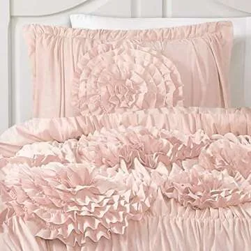 Lush Decor Serena Comforter Set, 2 Piece Set, Twin XL, Blush - Ruched Ruffled Flower Design - Ruffle...