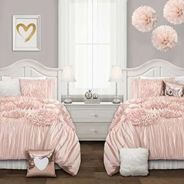Lush Decor Serena Comforter Set, 2 Piece Set, Twin XL, Blush - Ruched Ruffled Flower Design - Ruffle Bedding Set For Teen Or Dorm Room - Vintage Glam & Farmhouse Bedroom Decor