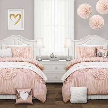 Lush Decor Serena Comforter Set, 2 Piece Set, Twin XL, Blush - Ruched Ruffled Flower Design - Ruffle Bedding Set For Teen Or Dorm Room - Vintage Glam & Farmhouse Bedroom Decor