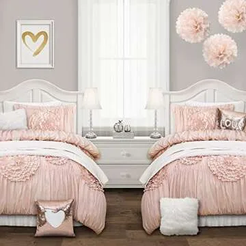 Lush Decor Serena Comforter Set, 2 Piece Set, Twin XL, Blush - Ruched Ruffled Flower Design - Ruffle Bedding Set For Teen Or Dorm Room - Vintage Glam & Farmhouse Bedroom Decor