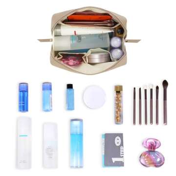 PU Leather Makeup Bag Travel Cosmetic Bag Organizer Make up Bag with Organization Pockets for Women ...